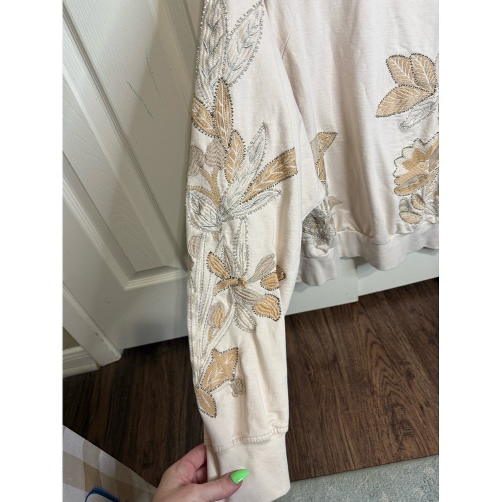 Anthropologie Embroidered Sweatshirt XL sequin Floral Boho Cottagecore Pullover - Picture 4 of 6